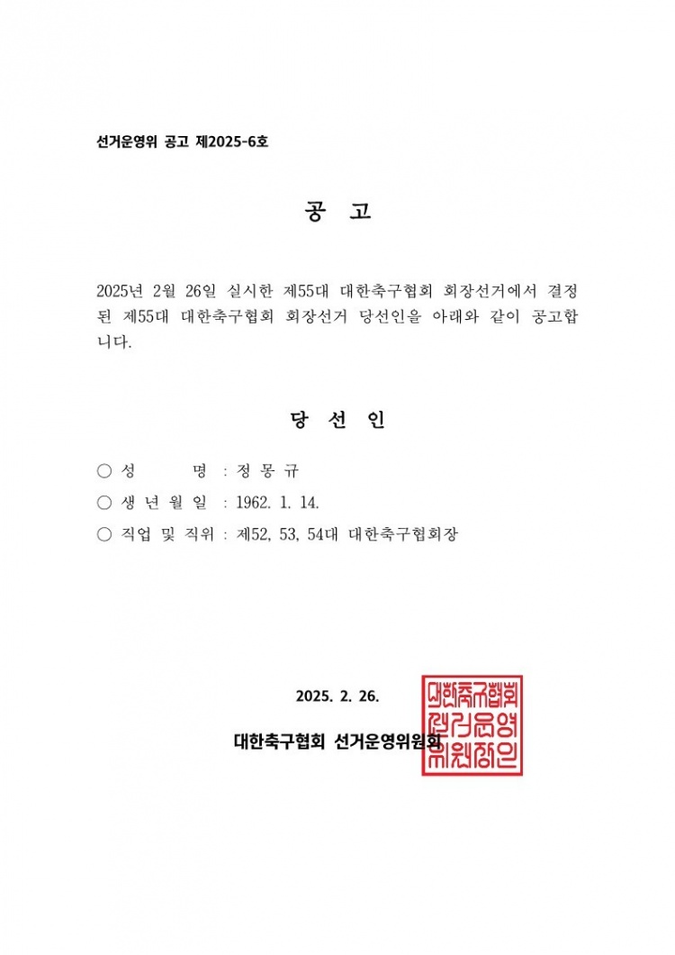  官方：鄭夢(mèng)奎第四次當選韓國足協(xié)主席